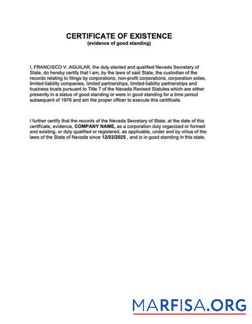 Blank USA Nevada certificate of existence Word and PDF template